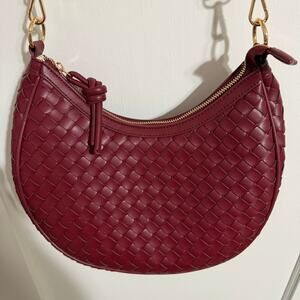 On 34th woven vegan leather cross body hobo bag. Red burgandy handbag.